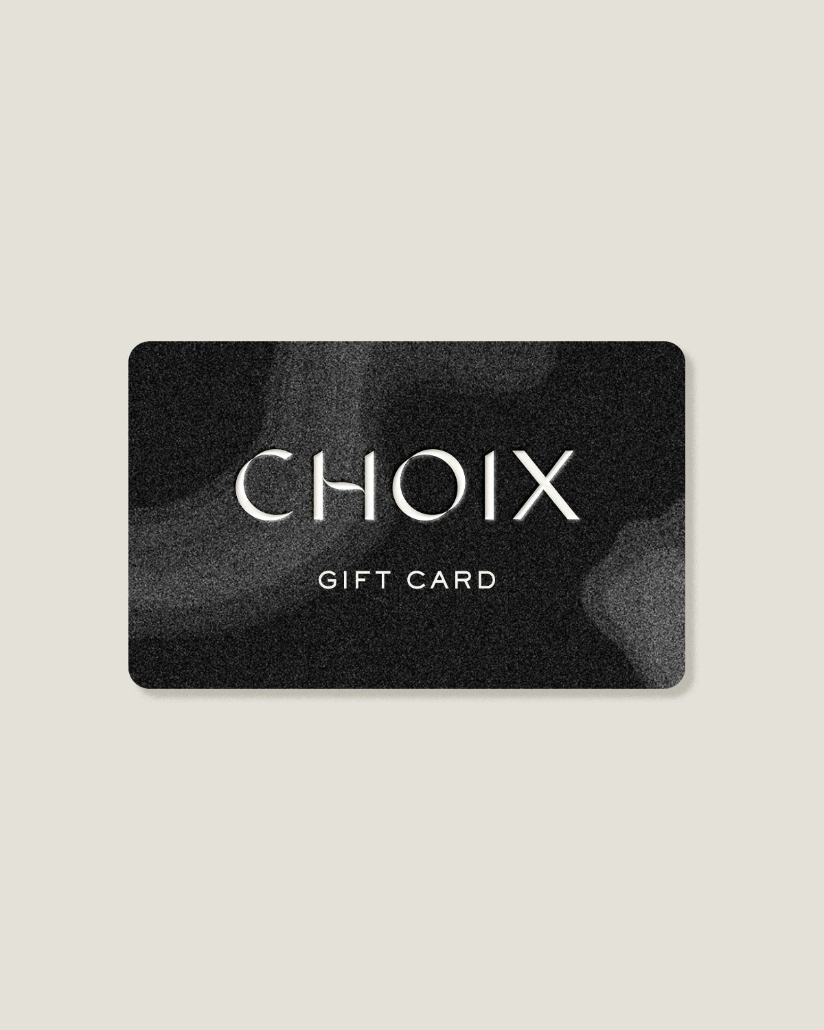 CHOIX gift card with a black and gray abstract design on a light gray background