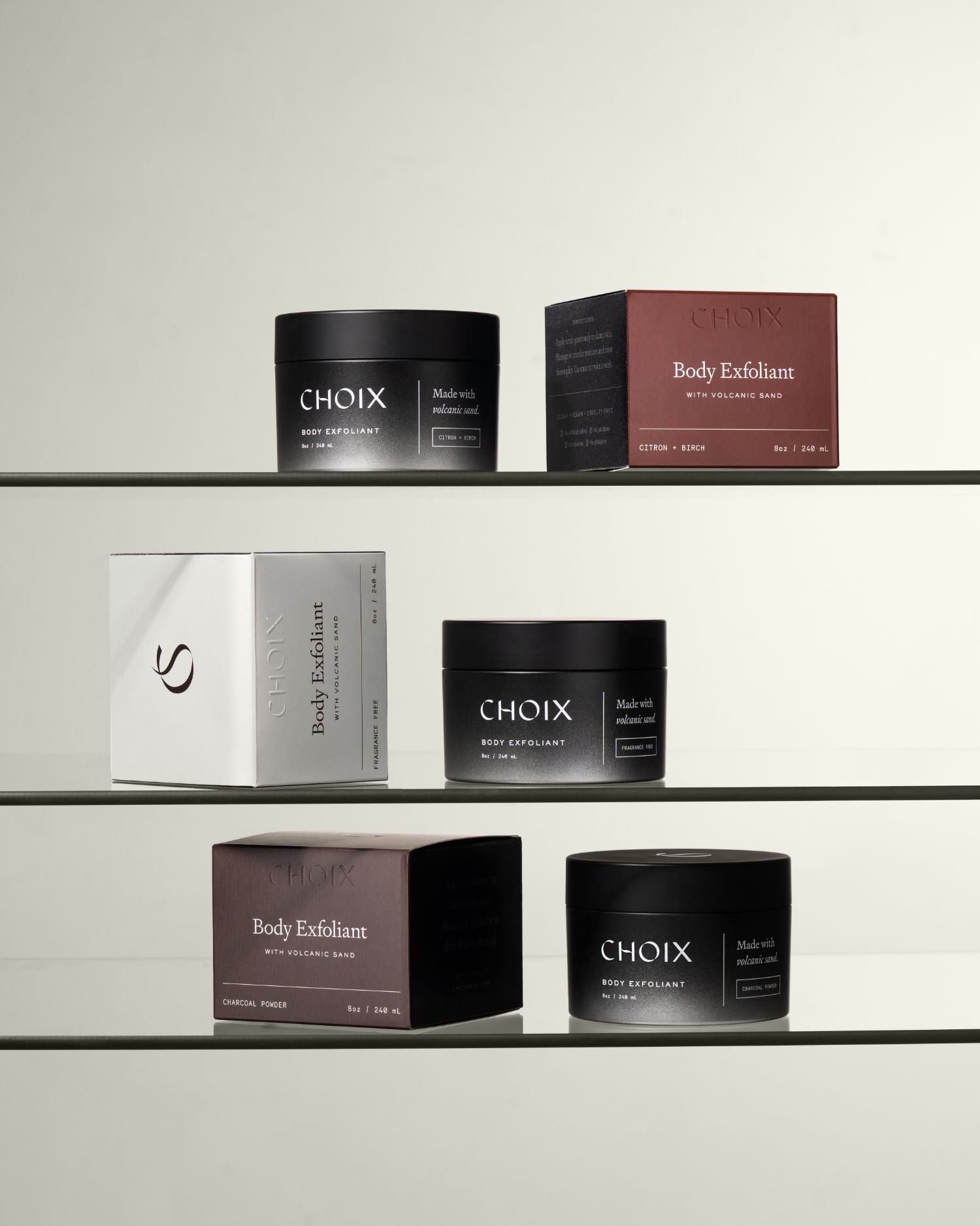 Shelves with various 'CHOIX' skincare products including jars and boxes on a neutral background.