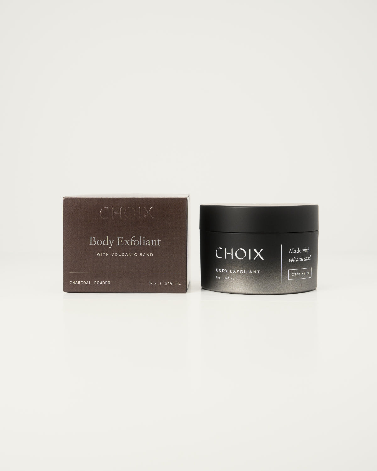 CHOIX Charcoal Powder Body Exfoliant jar and packaging on a white background