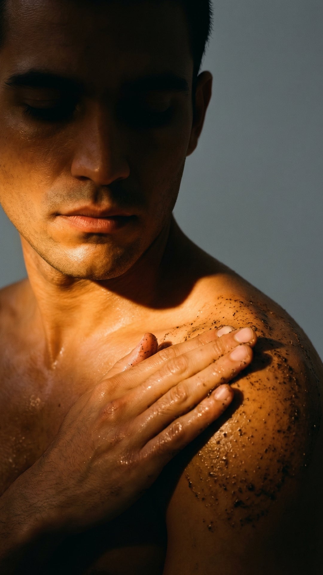 man applying body exfoliant scrub to shoulders, leaving his skin smooth and hydrated