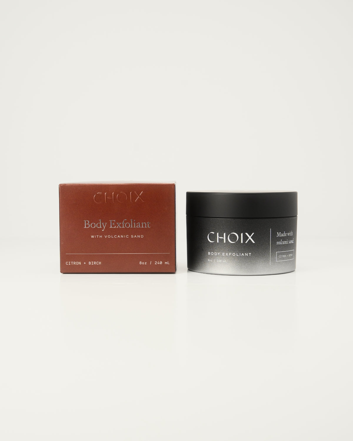 CHOIX Citron and Birch body exfoliant jar and packaging on a white background